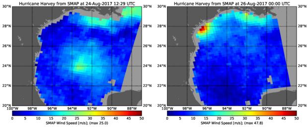 The rapid intensification of Hurricane Harvey is seen in this pair of images of ocean surface wind speeds as observed by the radiometer instrument aboard NASA's SMAP satellite at 7:29 a.m. Aug. 24th, 2017 (left) and at 7 p.m. Aug. 25th (right).