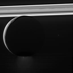 This image from NASA's Cassini spacecraft shows Saturn's moon Enceladus drifting before the rings, which glow brightly in the sunlight. Beneath its icy exterior shell, Enceladus hides a global ocean of liquid water.