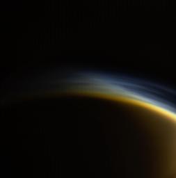 In this view from NASA's Cassini spacecraft, individual layers of haze can be distinguished in the upper atmosphere of Titan, Saturn's largest moon.