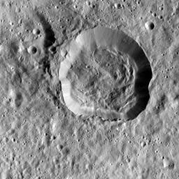 This image taken by NASA's Dawn spacecraft shows Emesh, a crater on Ceres. Emesh, named after the Sumerian god of vegetation and agriculture, located at the edge of the Vendimia Planitia.