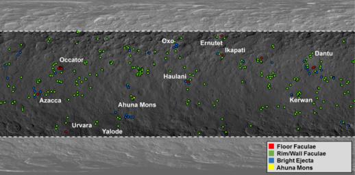 This map from NASA's Dawn mission shows locations of bright material on dwarf planet Ceres. There are more than 300 bright areas, called 'faculae,' on Ceres.