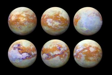 These six infrared images of Saturn's moon Titan created using data acquired by the VIMS instrument onboard NASA's Cassini spacecraft represent some of the clearest, most seamless-looking global views of the icy moon's surface produced so far.