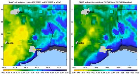 Images of soil moisture conditions in Texas near Houston, generated by NASA's Soil Moisture Active Passive (SMAP) satellite before and after the landfall of Hurricane Harvey can be used to monitor changing ground conditions due to Harvey's rainfall.