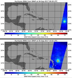 This pair of images shows ocean surface wind speeds for Hurricane Irma as observed Sept. 4, 2017 (top) and 24.5 hours later at 6:02 a.m. EDT on September 5th (bottom) by the radiometer instrument on NASA's Soil Moisture Active SMAP satellite.