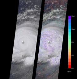 This composite image shows Hurricane Irma as viewed by the central, downward-looking camera (left), as well as the wind speeds (right) superimposed on this image from NASA's Terra spacecraft.