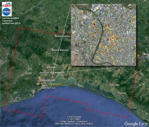 This Damage Proxy Map (DPM) depicts areas of Southern Mexico that are likely damaged, shown by red and yellow pixels, from the magnitude 8.1 Chiapas earthquake of Sept. 7, 2017.