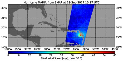 The radiometer instrument on NASA's Soil Moisture Active Passive (SMAP) spacecraft captured this image of Hurricane Maria at 6:27 a.m. EDT on Sept. 19, 2017 (10:27 UTC), showing an estimated maximum surface wind speed of 126.6 miles per hour.