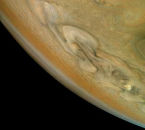 This color-enhanced image is of Jupiter's northern polar belt region as seen by NASA's Juno spacecraft on Dec. 16, 2017.