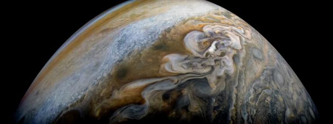 Swirling cloud formations are seen in the northern area of Jupiter's north temperate belt in this view taken by NASA's Juno spacecraft taken on Feb. 7, 2018.