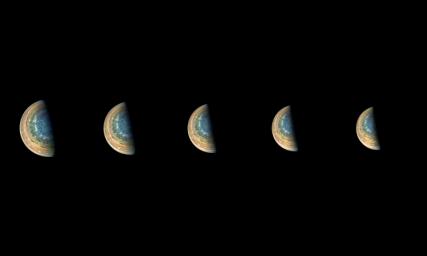 This series of images from NASA's Juno spacecraft taken on Feb. 7, 2018 captures cloud patterns near Jupiter's south pole, looking up towards the planet's equator.