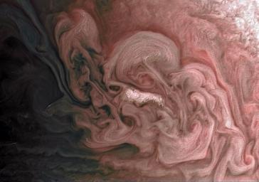 This image from NASA's Juno spacecraft captures a close-up view of a storm with bright cloud tops in the northern hemisphere of Jupiter, shown here in swirls of rose-colored hues.
