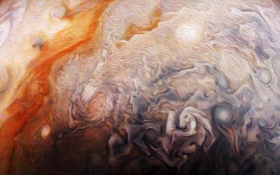 This abstract Jovian artwork used data from the JunoCam imager onboard NASA's Juno spacecraft capturing a close-up view of numerous storms in the northern hemisphere of Jupiter.