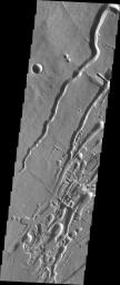 This image from NASA's 2001 Mars Odyssey spacecraft shows part of the southern flank of Pavonis Mons. Pavonis Mons is one of the three aligned Tharsis Volcanoes.