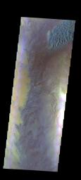 The THEMIS camera contains 5 filters. The data from different filters can be combined in multiple ways to create a false color image. This image of Moreux Crater from NASA's 2001 Mars Odyssey spacecraft shows the western floor of the crater.