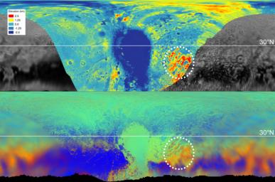 These maps are from NASA's New Horizons' data on the topography (top) and composition (bottom) of Pluto's surface. In the high-resolution topographical map, the highlighted red region is high in elevation.