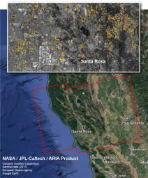 The ARIA team at NASA's JPL created this Damage Proxy Map depicting areas in Northern California that are likely damaged (shown by red and yellow pixels) as a result of the region's current outbreak of wildfires (including Santa Rosa).