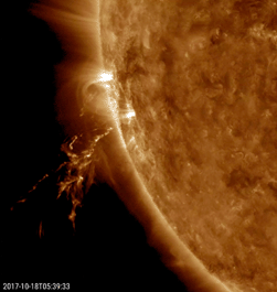 NASA's Solar Dynamics Observatory observed a small eruption on Oct. 18, 2017. The source of the blast was just out of sight beyond the edge of the sun.