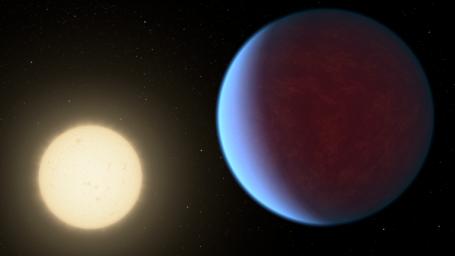 The super-Earth exoplanet 55 Cancri e, depicted with its star in this artist's concept, likely has an atmosphere thicker than Earth's but with ingredients that could be similar to those of Earth's atmosphere.