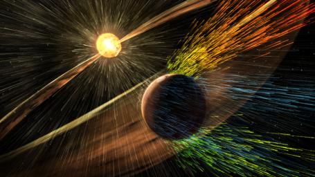 This illustration depicts charged particles from a solar storm stripping away charged particles of Mars' atmosphere, one of the processes of Martian atmosphere loss studied by NASA's MAVEN mission, beginning in 2014.