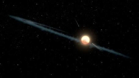 This illustration depicts a hypothetical uneven ring of dust orbiting KIC 8462852, also known as Boyajian's Star or Tabby's Star.