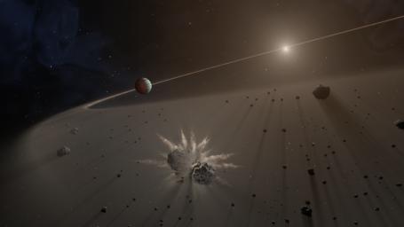 This artist's rendering shows a large exoplanet causing small bodies to collide in a disk of dust.