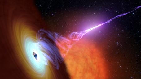 This artist's concept shows a black hole with an accretion disk -- a flat structure of material orbiting the black hole -- and a jet of hot gas, called plasma.