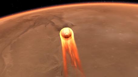 In this artist's impression NASA's InSight spacecraft begins Entry, Descent and Landing (EDL) as it reaches the Martian atmosphere.