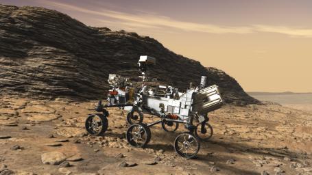 This artist's concept shows a close-up of NASA's Mars 2020 rover studying an outcrop. Mars 2020 will use powerful instruments to investigate rocks on Mars down to the microscopic scale of variations in texture and composition.