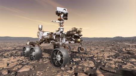 This artist's rendition depicts NASA's Mars 2020 rover studying its surroundings. Mars 2020 will use powerful instruments to investigate rocks on Mars down to the microscopic scale of variations in texture and composition.