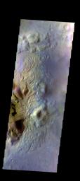 This image of Moreux Crater shows the eastern side of the central peak, as well as the nearby sand dunes. In this false color image from NASA's 2001 Mars Odyssey spacecraft sand dunes are 'blue'.