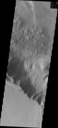 Melas Chasma is part of the largest canyon system on Mars. This image from NASA's 2001 Mars Odyssey spacecraft is located right at the edge of the canyon with the surrounding plains - the flat area at the bottom of the image.