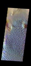 This is a false color image of Rabe Crater captured by NASA's 2001 Mars Odyssey spacecraft. In this combination of filters 'blue' typically means basaltic sand. Rabe Crater is 108 km (67 miles) across.