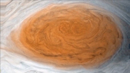 This image is from a simulation of the motion of clouds in Jupiter's Great Red Spot by applying a wind movement model to a mosaic of NASA's JunoCam images.