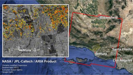 The ARIA team at NASA's JPL created this Damage Proxy Map depicting areas in Southern California that are likely damaged (shown by red and yellow pixels) as a result of recent wildfires, including the Thomas Fire in Ventura and Santa Barbara Counties.