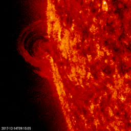 A small prominence observed in profile arched up and sent streams of plasma curling back into the sun over a 30-hour period on Dec. 13-14, 2017 by NASA's Solar Dynamics Observatory.