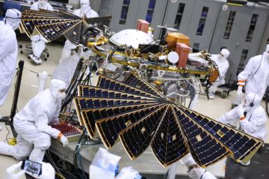 The solar arrays on NASA's InSight Mars lander were deployed as part of testing conducted Jan. 23, 2018, at Lockheed Martin Space in Littleton, Colorado.