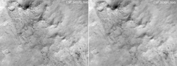 These two frames were taken of the same place on Mars by the same orbiting camera onboard NASA's Mars Reconnaissance Orbiter before (left) and after some images from the camera began showing unexpected blur.