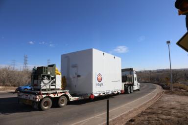 A truck carrying NASA s InSight spacecraft leaves Lockheed Martin Space, Denver, where the spacecraft was built and tested, on February 28, 2018. InSight was driven to Buckley Air Force Base.