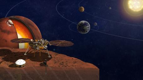 This image is an artist's rendition of NASA's InSight lander. The lander will seek the fingerprints of the processes that formed the rocky planets of the solar system, more than 4 billion years ago.