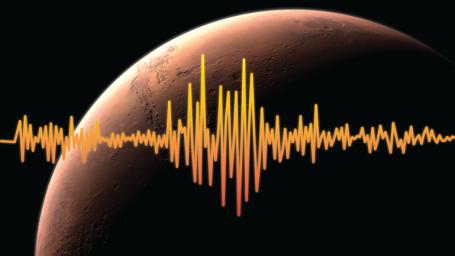 An artist's rendition of Mars, highlighting one of InSight's goals, to figure out just how tectonically active Mars is today and how often meteorites impact it.
