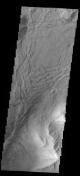 In this image from NASA's 2001 Mars Odyssey spacecraft a complex region of multiple overlapping landslide deposits fills most the the frame. In the center of the image the top layer has the lobate edges and radial surface grooves of a low volume slide.