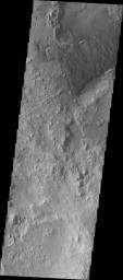 The bottom of this image captured by NASA's 2001 Mars Odyssey spacecraft shows the hills and mesas within the crater. The dunes at the top of the image are engulfing and covering the hills.
