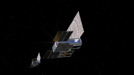An artist's rendering of NASA's twin Mars Cube One (MarCO) spacecraft as they fly through deep space.