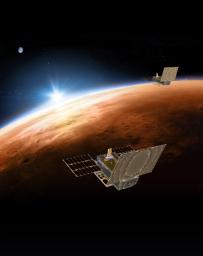 An artist's rendering of NASA's twin Mars Cube One (MarCO) spacecraft flying over Mars with Earth in the distance.