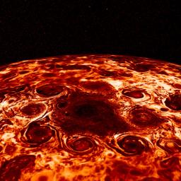 Data collected by the Jovian Infrared Auroral Mapper (JIRAM) instrument aboard NASA's Juno mission to Jupiter, shows the central cyclone at the planet's north pole and the eight cyclones that encircle it.