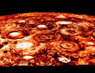 This computer-generated image based on data from the ovian Infrared Auroral Mapper (JIRAM) instrument aboard the Juno spacecraft shows the structure of the cyclonic pattern observed over Jupiter's south pole.