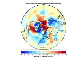 When the polar vortex dips south it often makes headlines. This map created by the Atmospheric Infrared Sounder instrument onboard NASA's Aqua satellite shows warmer-than-normal temperatures colored in red and below average temperatures colored in blue.
