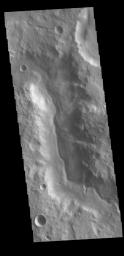 This image from NASA's 2001 Mars Odyssey spacecraft is located along the northern margin of Terra Sirenum. This unnamed channel contains a small channel within a larger channel.