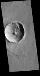 This image from NASA's 2001 Mars Odyssey spacecraft shows an unnamed crater located in Utopia Planitia. This relatively young crater has a steep inner rim, with floor deposits that originate from the crater rim itself.