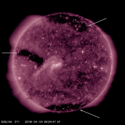 For much of this week the sun featured three substantial coronal holes observed by NASA's Solar Dynamics Observatory April 3-6, 2018. These are areas of open magnetic field from which high speed solar wind rushes out into space.
